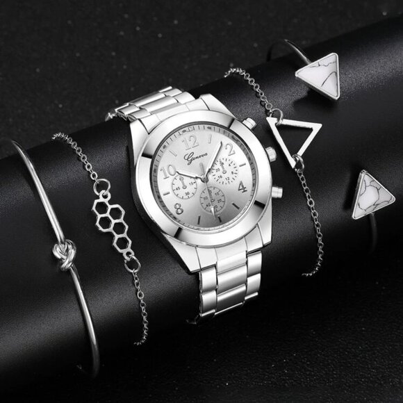 Women Stainless Steel Watch Geneva Quartz & 4 Piece Bracelet Silver NWT - Picture 3 of 4